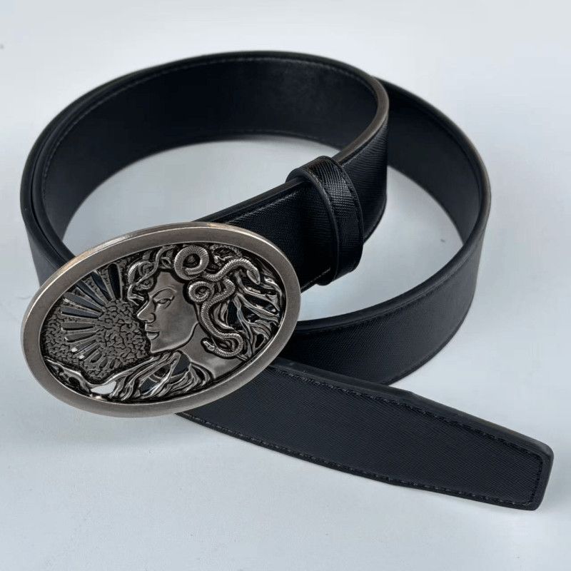 Leather Belt Medusa Portrait Vintage Metal Buckle Waist Belt