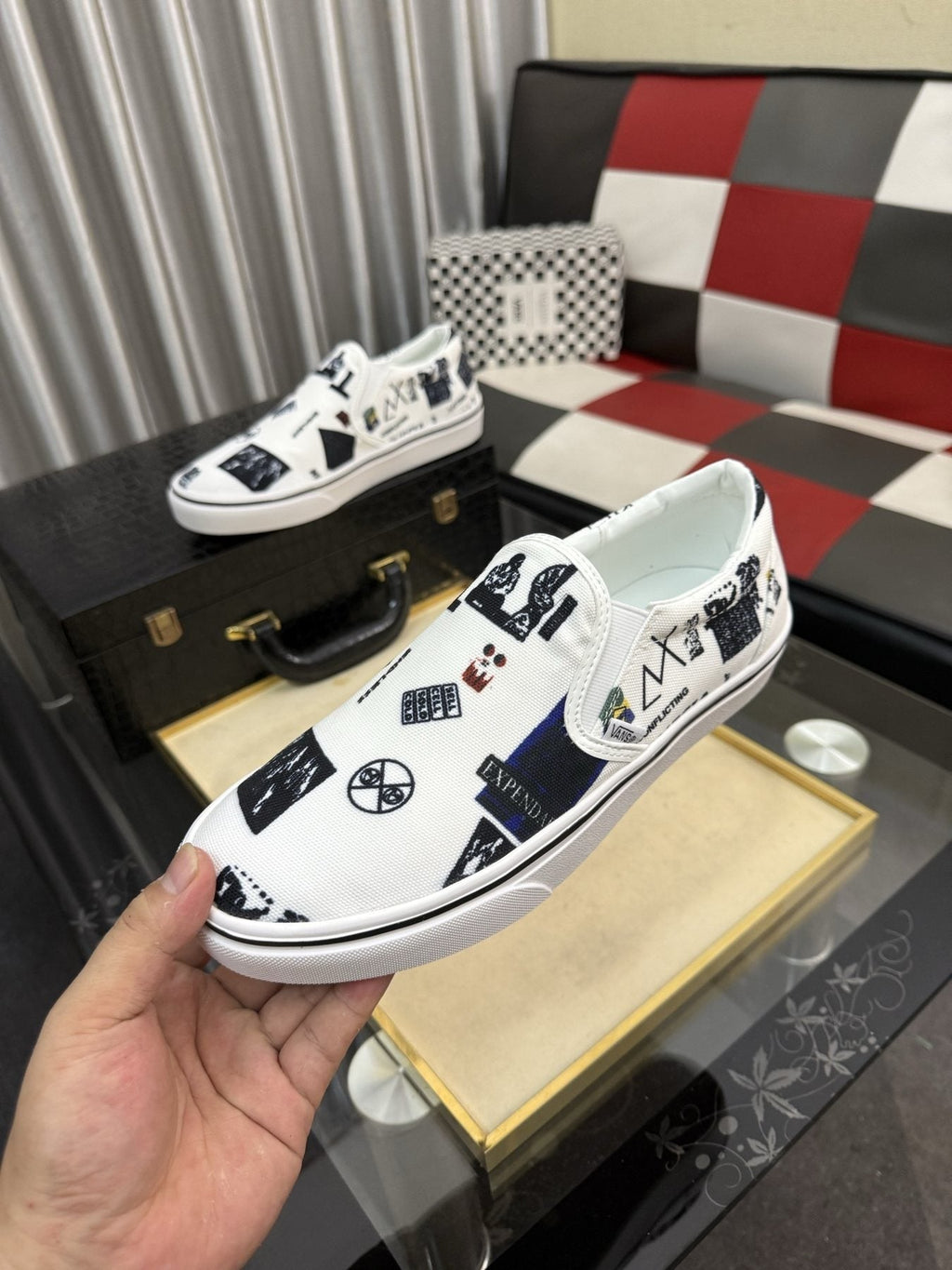 White Graphic Print Slip-On Shoes